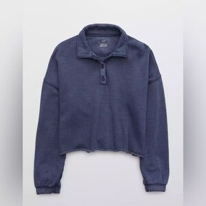 Cropped Collared Pullover Sweatshirt - Navy